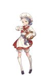  1girl apron black_footwear bowl braid chef_hat full_body green_eyes hand_up hat highres looking_at_viewer nikki_quinnell official_art princess_principal princess_principal_game_of_mission purple_hair red_skirt shoes skirt standing whisk white_legwear 