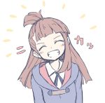  /\/\/\ 1girl :d ^_^ ^o^ bangs blunt_bangs blush brown_hair closed_eyes commentary_request eyebrows_visible_through_hair facing_viewer grin happy head_tilt kagari_atsuko little_witch_academia long_hair open_mouth orinpachu robe simple_background single_sidelock sketch smile solo topknot upper_body white_background 
