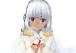  1girl altera_(fate) bangs dark_skin fate/grand_order fate_(series) forehead_protector gift highres holding holding_gift looking_at_viewer nestea red_eyes silver_hair smile solo upper_body veil white_coat 