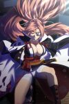  &gt;:( 1girl amputee armor baiken bandage black_kimono breasts buttons cape cleavage eyebrows_visible_through_hair eyelashes eyepatch eyes_visible_through_hair facial_mark facial_scar facing_viewer forehead_mark gluteal_fold guilty_gear guilty_gear_xrd hair_between_eyes high_ponytail highres japanese_armor japanese_clothes kagiyama_(gen&#039;ei_no_hasha) katana kimono kneeling large_breasts light_particles lips long_hair multicolored multicolored_clothes multicolored_kimono no_bra obi one-eyed open_clothes open_kimono parted_lips pink_hair popped_collar pose rope sandals sash scar scar_across_eye sheath sheathed shimenawa shiny shiny_skin skull solo sparkle spiky_hair suneate sword tassel teeth toenails torn_cape torn_clothes very_long_hair weapon white_kimono 