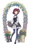  1girl :d black_footwear blue_legwear breasts brown_hair flower flower_arch full_body gloves highres looking_at_viewer official_art open_mouth pantyhose plant potted_plant princess_principal princess_principal_game_of_mission school_uniform shoes skirt small_breasts smile solo standing stephanie_(princess_principal) vase watering_can white_gloves white_skirt yellow_eyes 