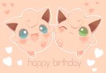  :3 :d blue_eyes blush closed_mouth english green_eyes hand_holding happy_birthday heart hideko_(l33l3b) jigglypuff looking_at_viewer no_humans one_eye_closed open_mouth pink_background pokemon pokemon_(creature) simple_background smile standing standing_on_one_leg walking 
