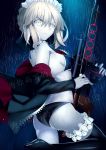  1girl agarters angry artoria_pendragon_(all) ass braid breasts choker coat erect_nipples fate/grand_order fate_(series) gun highres maid_headdress pale_skin paperfinger rain rifle saber_alter sideboob solo swimsuit thigh-highs weapon yellow_eyes 