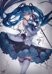  1girl 2017 absurdres blue_eyes blue_hair dated detached_sleeves frilled_skirt frills hair_between_eyes hatsune_miku highres long_hair meng microphone naughty_face skirt solo suna_no_wakusei_(vocaloid) tattoo thigh-highs twintails vocaloid 