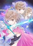 3girls absurdres bangs blue_reflection breasts brown_hair cleavage dress eyebrows_visible_through_hair frills gloves hair_ornament heterochromia highres holding holding_weapon huge_filesize jewelry kishida_mel long_hair looking_at_viewer magical_girl medium_breasts multiple_girls official_art ring shijou_raimu shijou_yuzuki shirai_hinako short_hair simple_background sleeveless sword twintails weapon white_gloves 