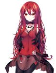  1girl bodysuit breasts cleavage collarbone crimson_avenger_(elsword) elesis_(elsword) elsword eyebrows_visible_through_hair g_ieep hair_between_eyes highres long_hair looking_at_viewer medium_breasts parted_lips red_eyes redhead shiny shiny_clothes simple_background solo very_long_hair white_background 