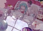  2girls :o bangs bed blanket blue_hair blush bow button_eyes closed_eyes closed_mouth couple danjou_sora day eyebrows_visible_through_hair frilled_pillow frills from_above hand_holding hatsune_miku indoors long_hair megurine_luka multiple_girls on_bed open_mouth pillow pink_bow pink_hair profile red_bow sleeping sparkle sphere stuffed_animal stuffed_bunny stuffed_toy sunlight twintails under_covers vocaloid yuri 