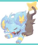  &gt;_o :3 commentary_request fang full_body hideko_(l33l3b) jumping looking_at_viewer no_humans one_eye_closed pokemon pokemon_(creature) shinx smile solo white_background yellow_eyes 