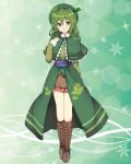  1girl :d arm_behind_back bangs blush boots brown_footwear capelet commentary_request eyebrows_visible_through_hair full_body green_eyes green_hair green_hat hair_between_eyes haruyuki_(yukichasoba) hat leaf long_sleeves looking_at_viewer open_mouth original seoi_ha smile solo sparkle standing touhou 