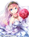  1girl :d bare_shoulders blue_dress blue_eyes bouquet breasts bridal_veil brooch cleavage collarbone detached_sleeves dress eyebrows_visible_through_hair flower from_above gem hairband hand_up happy_tears highres holding holding_bouquet jewelry large_breasts light_particles long_hair long_sleeves looking_at_viewer looking_up matsuuni necklace official_art open_mouth original pendant pink_hair reaching_out ring sapphire_(stone) see-through sidelocks simple_background smile solo tareme tearing_up tears veil wedding_band white_background 