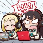 2girls artist_name black_hair blonde_hair braid chroneco comedy computer crown_braid hard_translated hard_translated_(non-english) headphones hime_cut kurosawa_dia laptop long_hair long_sleeves love_live! love_live!_sunshine!! medium_hair mole mole_under_mouth multiple_girls ohara_mari playing_games profanity shouting tagalog uranohoshi_school_uniform