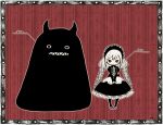  1girl artist_name ayu_(mog) black_dress braid character_name dress frame full_body gothic_lolita horns lolita_fashion long_hair monster original red_background red_eyes sharp_teeth standing teeth twin_braids v_arms white_hair 