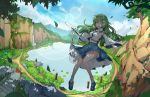 1girl ;d armpit_peek bangs blue_footwear blue_skirt blue_sky breasts bridge cliff commentary_request dappled_sunlight day detached_sleeves falling_leaves flower flying frog_hair_ornament full_body gohei green_eyes green_hair hair_ornament hair_tubes highres holding kochiya_sanae lake leaf leidami lens_flare lily_pad long_hair long_skirt looking_at_viewer mary_janes medium_breasts moss mountain mountainous_horizon nature navel nontraditional_miko onbashira one_eye_closed open_mouth outdoors outstretched_arm outstretched_hand path plant print_skirt road rock scenery shirt shoes sign skirt sky sleeveless sleeveless_shirt smile snake_hair_ornament socks solo stairs statue stone_stairs sunlight torii touhou tree tree_shade vines water waterfall white_flower white_legwear white_shirt wide_sleeves wind wooden_bridge 