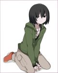  1girl arms_between_legs bangs black_eyes black_hair border closed_mouth full_body green_hoodie grey_pants hair_between_eyes hammer_(sunset_beach) highres hood hoodie jewelry long_sleeves monogatari_(series) necklace oshino_ougi pants peace_symbol pouch purple_border red_shoes shirt shoes short_hair sitting solo white_background white_shirt 