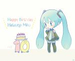  10 1girl anniversary aqua_hair ayu_(mog) blue_eyes blush boots character_name chibi detached_sleeves full_body happy_birthday hatsune_miku long_hair necktie pleated_skirt simple_background skirt smile standing tattoo thigh-highs thigh_boots twintails vocaloid white_background zettai_ryouiki 