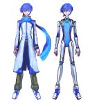  1boy android arms_at_sides bangs blue_eyes blue_hair blue_scarf bright_pupils brown_pants clothes_removed coat full_body highres kaito long_coat looking_at_viewer male_focus no_penis pants robot_joints scarf shikuchouson short_hair simple_background smile solo swept_bangs vocaloid white_background 
