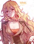  &gt;:( 1girl bandage bandage_on_face blonde_hair breasts character_name cleavage cowboy_shot ecru jacket large_breasts long_hair messy_hair red_eyes rwby sleeves_rolled_up solo white_background yang_xiao_long 