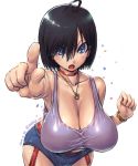  amania_orz armpits bent_over black_hair blue_eyes blush bracelet breasts cleavage huge_breasts looking_at_viewer necklace open_mouth pointing pointing_at_viewer short_hair short_shorts tagme 