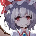  1girl bangs brooch closed_mouth collared_shirt commentary_request crying glint grey_hair hair_in_mouth hat highres jewelry leidami looking_at_viewer mob_cap mouth_hold portrait red_eyes remilia_scarlet shirt short_hair simple_background slit_pupils solo touhou white_background white_hat white_shirt wings 