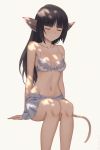  1girl animal_ears arms_at_sides artist_name bangs bare_arms bare_shoulders black_hair blunt_bangs blush breasts closed_eyes closed_mouth collarbone eyebrows_visible_through_hair highres invisible_chair long_hair medium_breasts miura-n315 simple_background sitting smile solo tail utawareru_mono utawareru_mono:_itsuwari_no_kamen yellow_background yuzuha_(utawareru_mono) 