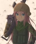 &gt;:( 1girl ahagon_umiko assault_rifle beige_background black_gloves blue_eyes brown_hair camouflage closed_mouth commentary dark_skin frown gloom_(expression) gloves gun hair_between_eyes helmet highres hikari_niji long_hair looking_at_viewer new_game! rifle shaded_face sketch solo trigger_discipline upper_body very_long_hair weapon
