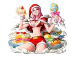  1girl belt blue_eyes bodskih bra breasts cake capelet cleavage eating food fur_trim grin hat holding holding_food jewelry_bonney large_breasts long_hair looking_at_viewer midriff navel one_piece pink_hair pink_ribbon red_bra red_hat red_shorts ribbon santa_costume santa_hat short_shorts shorts smile solo stomach transparent_background underwear wrist_cuffs 