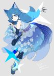  &gt;:o 1girl :o absurdres amanekuu animal_ears bangs blue_dress blue_eyes blue_hair character_request dated detached_sleeves dress floral_print full_body geta grey_background highres holding holding_weapon kunai long_hair looking_at_viewer parted_lips precure precure_dream_stars sash shuriken signature simple_background solo standing standing_on_one_leg tabi vambraces weapon 