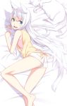  1girl :d animal_ears arm_support bangs bare_legs bed_sheet blue_eyes cat cat_ears cat_girl cat_tail eyebrows_visible_through_hair highres kimura_(ykimu) legs long_hair looking_at_viewer lying on_side open_mouth original shirt short_shorts shorts sidelocks smile solo tail tank_top teeth thighs tied_shirt very_long_hair white_hair white_shorts yellow_shirt 