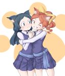  2girls ;d black_hair blue_eyes bow character_request closed_mouth collared_shirt commentary_request cowboy_shot dress frown grin hair_bow head_tilt hug little_witch_academia long_hair long_sleeves looking_at_viewer multiple_girls one_eye_closed open_mouth orange_eyes orange_hair orinpachu own_hands_together parted_lips paw_background pinafore_dress ponytail purple_dress shirt smile standing tareme teeth two-tone_background wavy_hair wavy_mouth whiskers white_shirt wing_collar yellow_bow yuri 