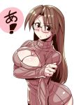  1girl arm_across_chest azumanga_daioh black_eyes blush breasts brown_hair cleavage contrapposto embarrassed eyebrows_visible_through_hair glasses grabbing_own_arm large_breasts long_hair looking_at_viewer meme_attire mizuhara_koyomi open-chest_sweater ribbed_sweater solo sweatdrop sweater tsuki_wani 