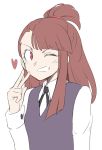  &gt;;d 1girl ;d bangs black_ribbon blunt_bangs blush brown_hair collared_shirt dress grin hand_up kagari_atsuko little_witch_academia long_hair long_sleeves looking_at_viewer one_eye_closed open_mouth orinpachu pinafore_dress red_eyes ribbon shirt simple_background sketch smile solo tareme topknot upper_body v white_background white_shirt wing_collar 