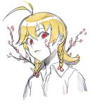  1boy ahoge amanekuu bangs blonde_hair braid branch cherry_blossoms collared_shirt eyebrows_visible_through_hair hair_between_eyes hair_ribbon highres long_hair looking_at_viewer male_focus parted_lips partially_colored red_eyes ribbon shirt simple_background sketch solo traditional_media tress_ribbon white_background white_shirt wide-eyed 