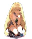  1girl bare_shoulders blonde_hair breasts commentary_request dress full_body green_eyes hair_over_one_eye hand_on_own_chin haruba_negi high_heels highres long_hair looking_at_viewer lusamine_(pokemon) mature milf multicolored_pants parted_lips pokemon pokemon_(game) pokemon_sm shadow simple_background sleeveless sleeveless_dress solo squatting very_long_hair white_background white_dress 