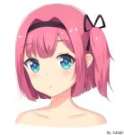  1girl :/ artist_name bangs bare_shoulders black_ribbon blue_eyes blunt_bangs blush closed_mouth collarbone expressionless eyebrows_visible_through_hair face hair_intakes hair_ribbon looking_at_viewer mochizuki_momiji new_game! one_side_up pink_hair portrait ribbon rumaki shiny shiny_hair simple_background solo tareme upper_body white_background 
