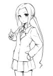  1girl bangs collared_shirt cowboy_shot greyscale hagimura_suzu hand_on_hip jacket long_hair long_sleeves looking_at_viewer monochrome parted_bangs parted_lips pleated_skirt pointing pointing_at_viewer school_uniform seitokai_yakuindomo shirt simple_background sketch skirt solo standing twintails very_long_hair white_background yuki_arare 