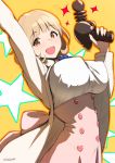  1girl :d artist_name bangs blonde_hair blush bob_cut breasts brown_eyes cardigan cowboy_shot erect_nipples eyebrows_visible_through_hair finger_on_trigger gun high-waist_skirt holding holding_gun holding_weapon large_breasts looking_at_viewer nanahime_(aoi) narusawa_ryouka occultic;nine open_cardigan open_clothes open_mouth pink_skirt short_hair signature skirt smile solo star starry_background tareme underbust weapon 