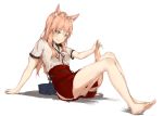  1girl animal_ears bag barefoot fate/extra_ccc_fox_tail fate/grand_order fate_(series) feet fox_ears fox_tail full_body long_hair pixel_(yuxian) saber_(fate/extra_ccc_fox_tail) school_bag school_uniform simple_background skirt tail yellow_eyes 
