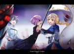  1boy 2girls armor armored_dress banner blonde_hair blue_dress blue_eyes braid brown_hair copyright_name detached_sleeves dress eye_contact eyebrows_visible_through_hair fate/grand_order fate_(series) floating_hair fujimaru_ritsuka_(male) gauntlets holding holding_weapon long_hair looking_at_another multiple_girls outdoors ponytail purple_hair ruler_(fate/apocrypha) shielder_(fate/grand_order) short_hair single_braid standing tears uniform very_long_hair violet_eyes weapon zeromomo0100 