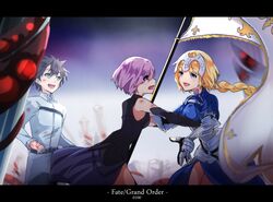  1boy 2girls armor armored_dress banner blonde_hair blue_dress blue_eyes braid brown_hair copyright_name detached_sleeves dress eye_contact eyebrows_visible_through_hair fate/grand_order fate_(series) floating_hair fujimaru_ritsuka_(male) gauntlets holding holding_weapon long_hair looking_at_another multiple_girls outdoors ponytail purple_hair ruler_(fate/apocrypha) shielder_(fate/grand_order) short_hair single_braid standing tears uniform very_long_hair violet_eyes weapon zeromomo0100 