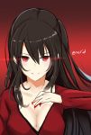  1girl black_hair blood breasts character_request cleavage collarbone eyebrows_visible_through_hair floating_hair hair_between_eyes highres i.f.s.f long_hair medium_breasts red_background red_eyes red_shirt shirt smile solo upper_body very_long_hair 