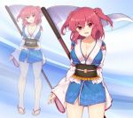  1girl :d bangs breasts cleavage commentary_request eyebrows_visible_through_hair flip-flops hair_between_eyes hair_bobbles hair_ornament haruyuki_(yukichasoba) japanese_clothes kimono large_breasts long_sleeves looking_at_viewer obi onozuka_komachi open_mouth red_eyes redhead sandals sash scythe smile standing touhou two_side_up wide_sleeves yukata zoom_layer 