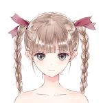  1girl bangs blonde_hair blue_eyes blue_reflection braid closed_mouth collarbone expressionless hair_ribbon highres kishida_mel looking_at_viewer official_art portrait red_ribbon ribbon shijou_yuzuki simple_background solo twin_braids twintails white_background 