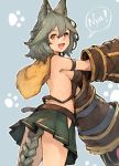  1girl :d absurdres animal_ears blue_background breasts cat_ears claw_(weapon) commentary_request cowboy_shot erun_(granblue_fantasy) fang from_side granblue_fantasy grey_hair hair_between_eyes highres koretsuki_azuma looking_at_viewer medium_breasts open_mouth outline paw_print pleated_skirt red_eyes sen_(granblue_fantasy) skirt smile speech_bubble weapon 