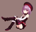  1girl bare_shoulders belt black_legwear blush detached_sleeves fate/grand_order fate_(series) hat helena_blavatsky_(fate/grand_order) looking_at_viewer purple_hair quro_(black_river) short_hair solo strapless thigh-highs tree_of_life violet_eyes 