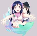  2girls alternate_hairstyle black_hair blue_hair bow breasts dolphin facial_mark flower galaxy_hide_and_seek green_eyes green_rose hair_bow hair_down hug hug_from_behind long_hair love_live! love_live!_sunshine!! matsuura_kanan medium_breasts midriff multiple_girls outstretched_arms ponytail rose round_teeth seiyuu seiyuu_connection surfing_orange suwa_nanaka teeth violet_eyes water wings 