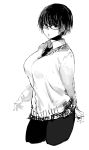  1girl absurdres breasts cropped_legs earrings glasses greyscale highres hometa huge_breasts jewelry lips long_sleeves looking_at_viewer miniskirt mole mole_under_eye monochrome necktie pantyhose parted_lips shirt short_hair simple_background sketch skirt solo standing white_background white_shirt 