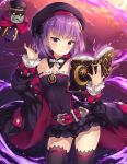  1girl bangs bare_shoulders beret black_hat blush book breasts closed_mouth commentary contrapposto covered_navel cowboy_shot doll eyebrows_visible_through_hair fate/grand_order fate_(series) hat helena_blavatsky_(fate/grand_order) hitsukuya holding holding_book long_sleeves looking_at_viewer magic mole mole_under_eye off_shoulder open_book purple_hair short_hair small_breasts smile solo standing thigh-highs violet_eyes 