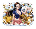  1girl arm_support bird black_hair blue_eyes blue_jacket bodskih breasts chest cleavage collarbone gem gold groin jacket large_breasts leather_vest long_hair midriff navel nico_robin one_piece partially_unzipped sarong shiny shiny_skin short_sleeves sitting smile solo stomach sunglasses sunglasses_on_head transparent_background treasure zipper 