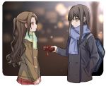  2girls black_hair blush brown_hair chocolate chocolate_heart coat half_updo hand_in_pocket heart idolmaster idolmaster_cinderella_girls long_hair multiple_girls scarf shibuya_rin shimamura_uzuki snow vivian_(gntyu) winter_clothes winter_coat yuri 