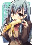  10s 1girl aqua_eyes aqua_hair ascot banana blazer blush breasts food fruit green_hair hair_ornament hairclip jacket kantai_collection long_hair school_uniform shinshin smile solo suzuya_(kantai_collection) translation_request 